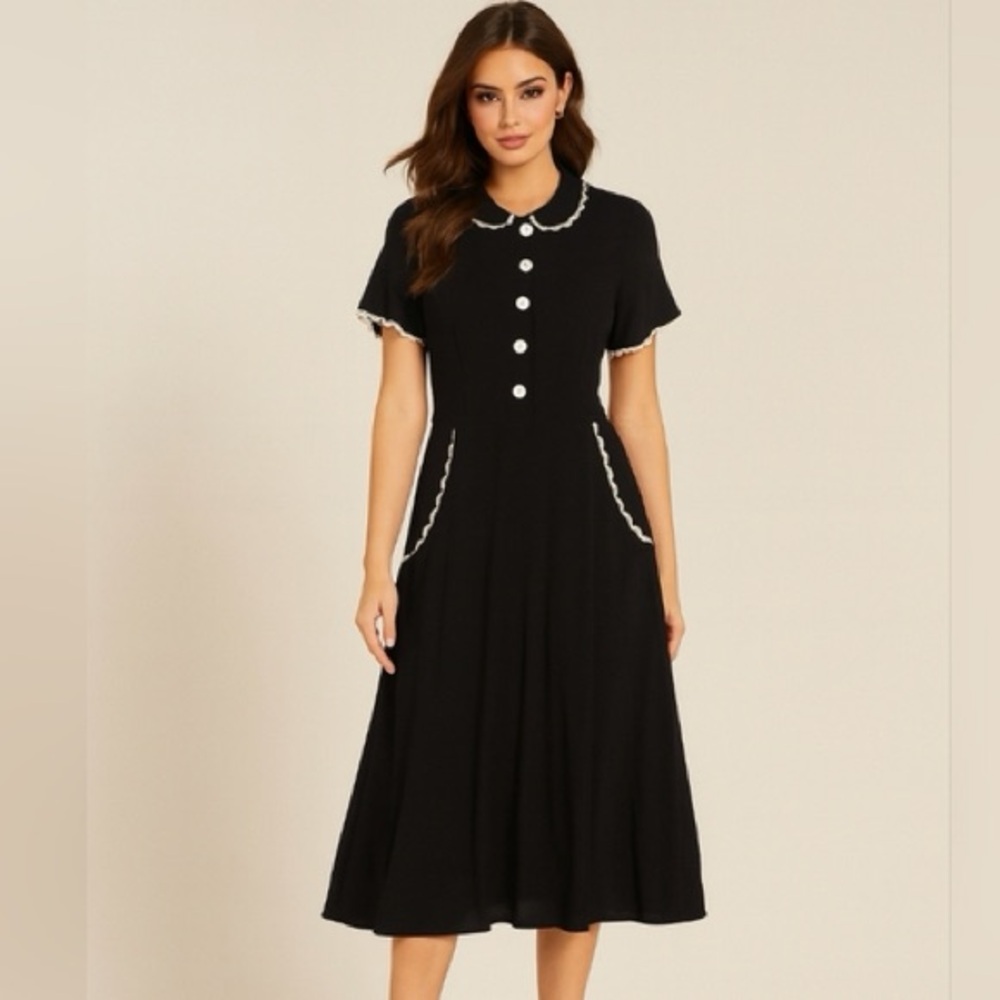 Christy Dawn Black Midi Dress with White Trim Sz S. EUC